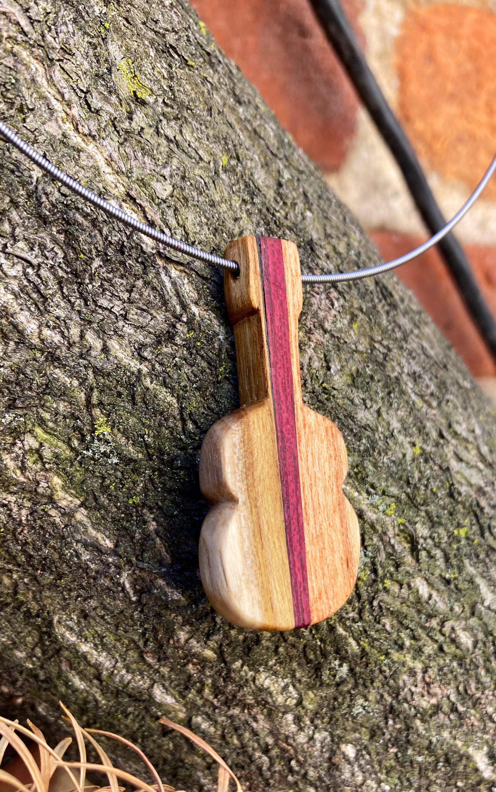 Hand carved mixed wood guitar necklace gifts for guitarist guitar pendant guitar jewelry for music lovers image 5