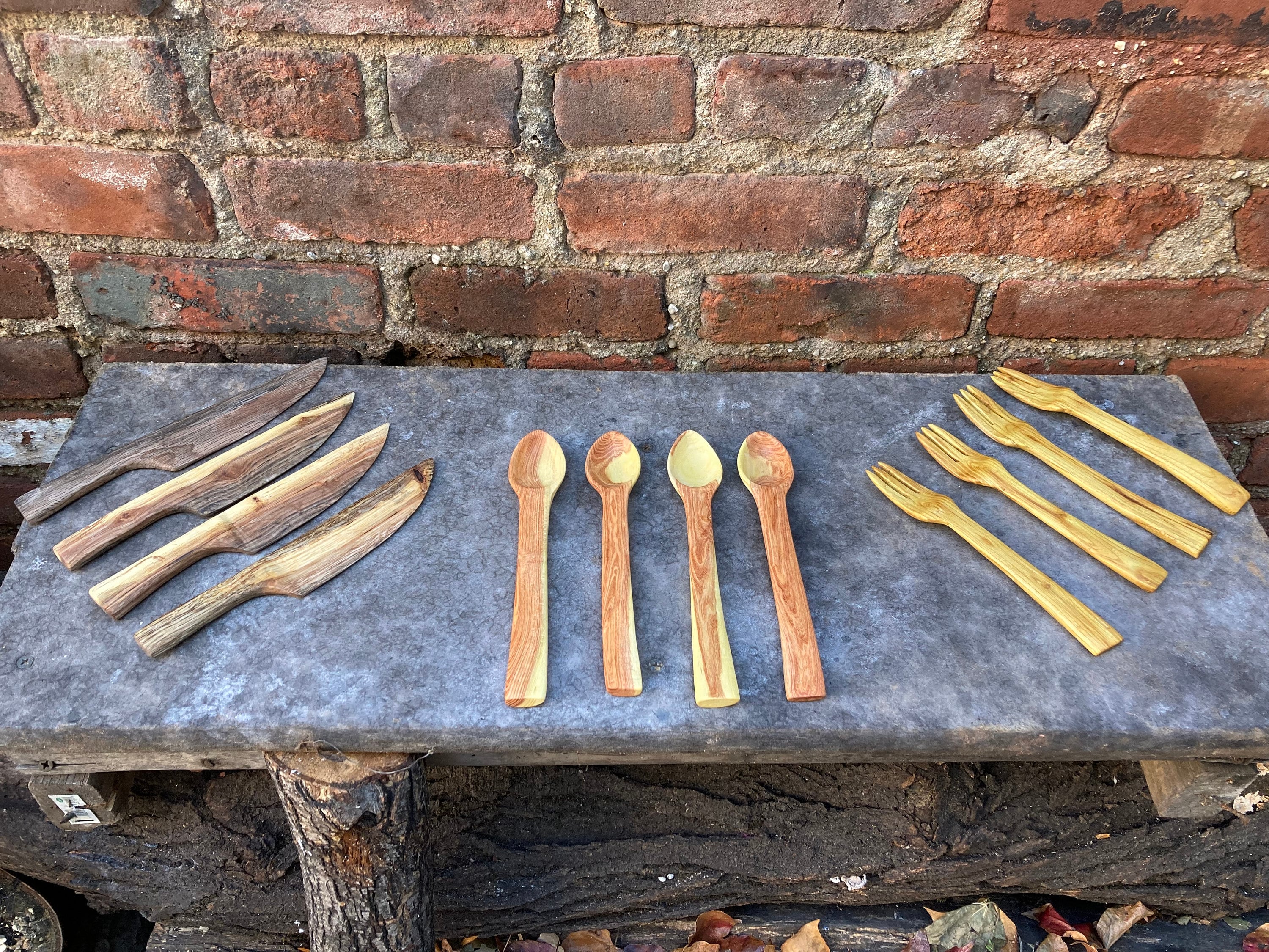 Hand carved three piece mixed wood dining/camping utensil set gift for the family Christmas gift for woodworkers survivalist gifts image 5