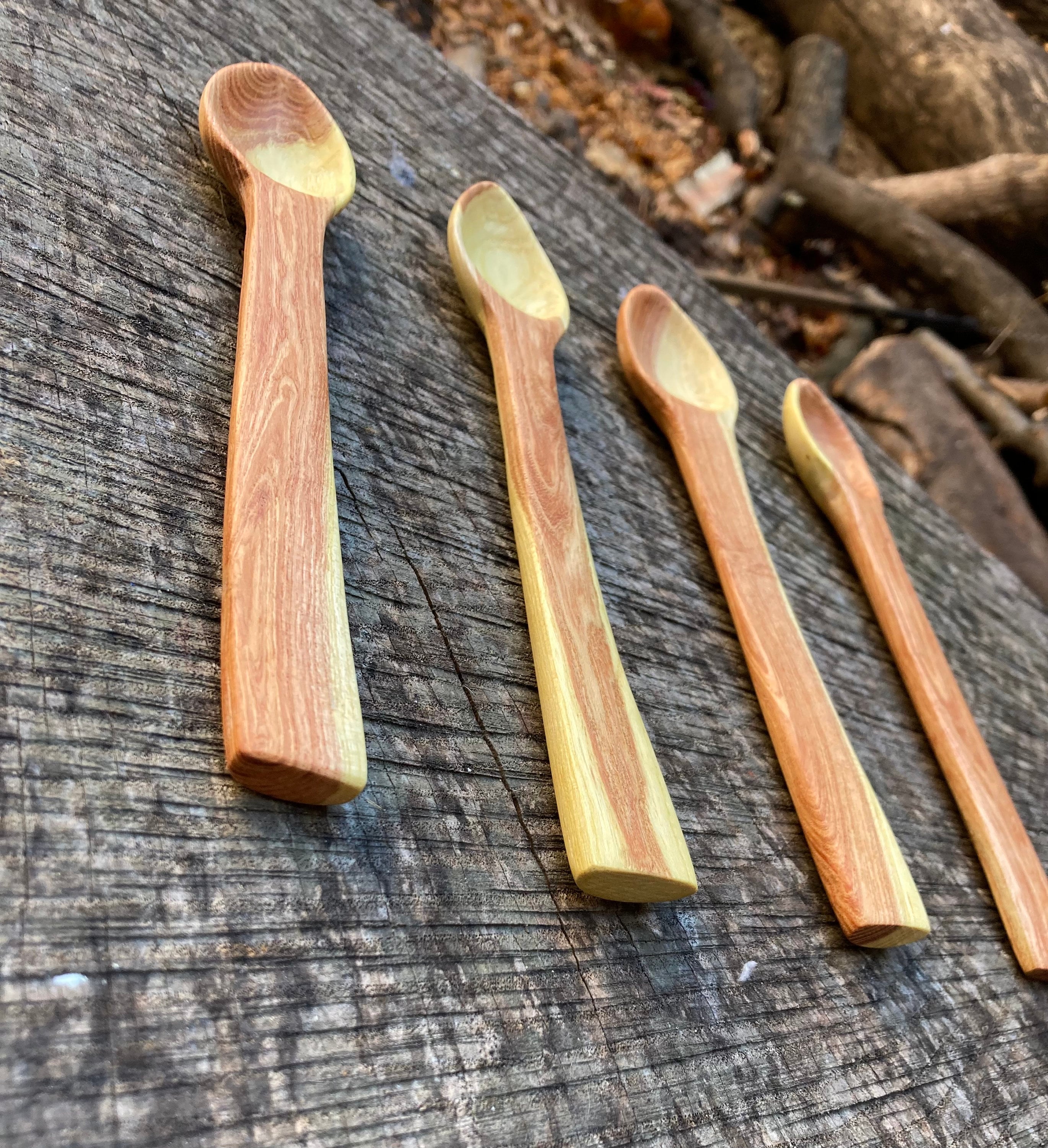 Hand carved three piece mixed wood dining/camping utensil set gift for the family Christmas gift for woodworkers survivalist gifts image 7