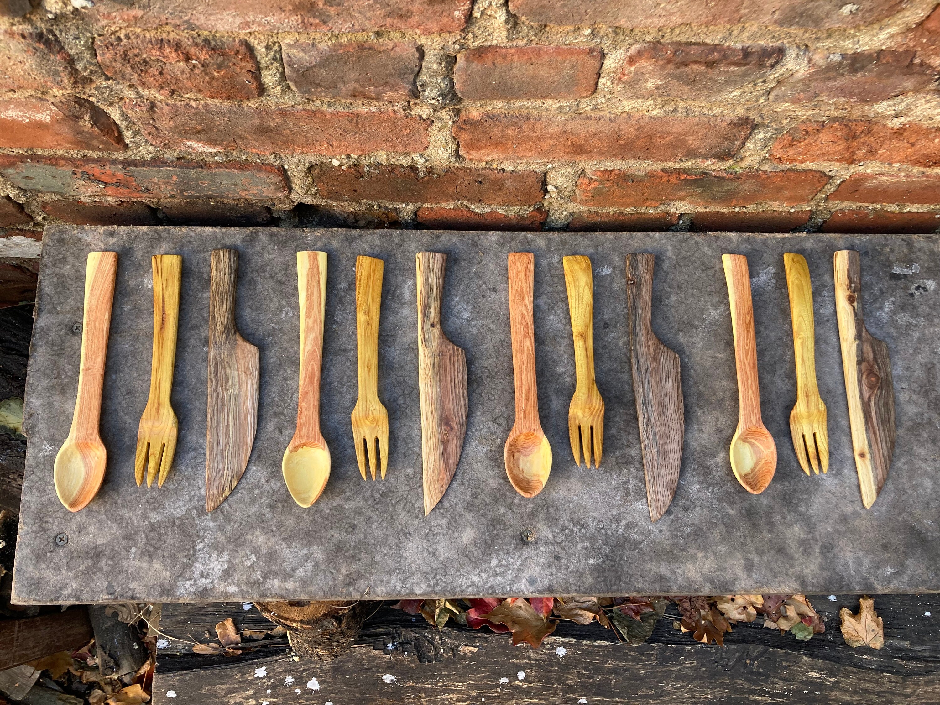 Hand carved three piece mixed wood dining/camping utensil set gift for the family Christmas gift for woodworkers survivalist gifts image 8